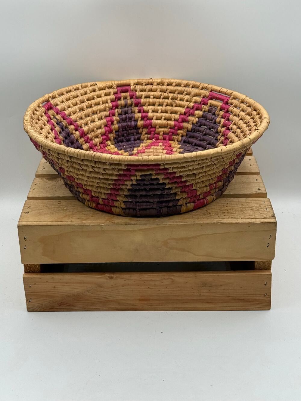 Vintage Boho Hand-Woven Coiled Basket Bowl - 12” Diameter